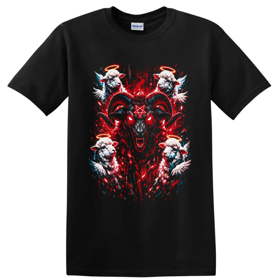 Gothic horned ram with pentagram, angel lambs, halos, wings, and red grunge art on a Black T Shirt