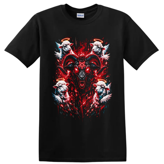 Gothic horned ram with pentagram, angel lambs, halos, wings, and red grunge art on a Black T Shirt