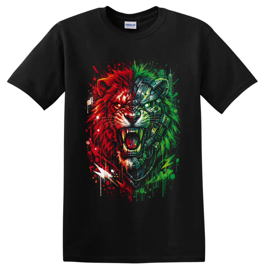 Roaring cyborg lion in red and green glitch graffiti art on a Black T Shirt