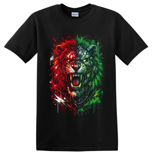 Roaring cyborg lion in red and green glitch graffiti art on a Black T Shirt