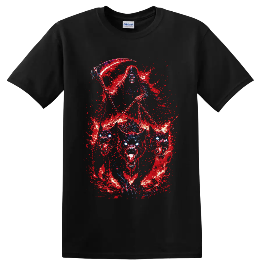 Grim reaper with scythe and chains above a fiery three-headed hellhound on a Black T Shirt