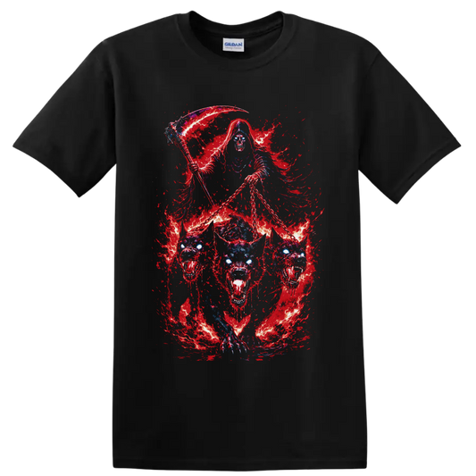 Grim reaper with scythe and chains above a fiery three-headed hellhound on a Black T Shirt