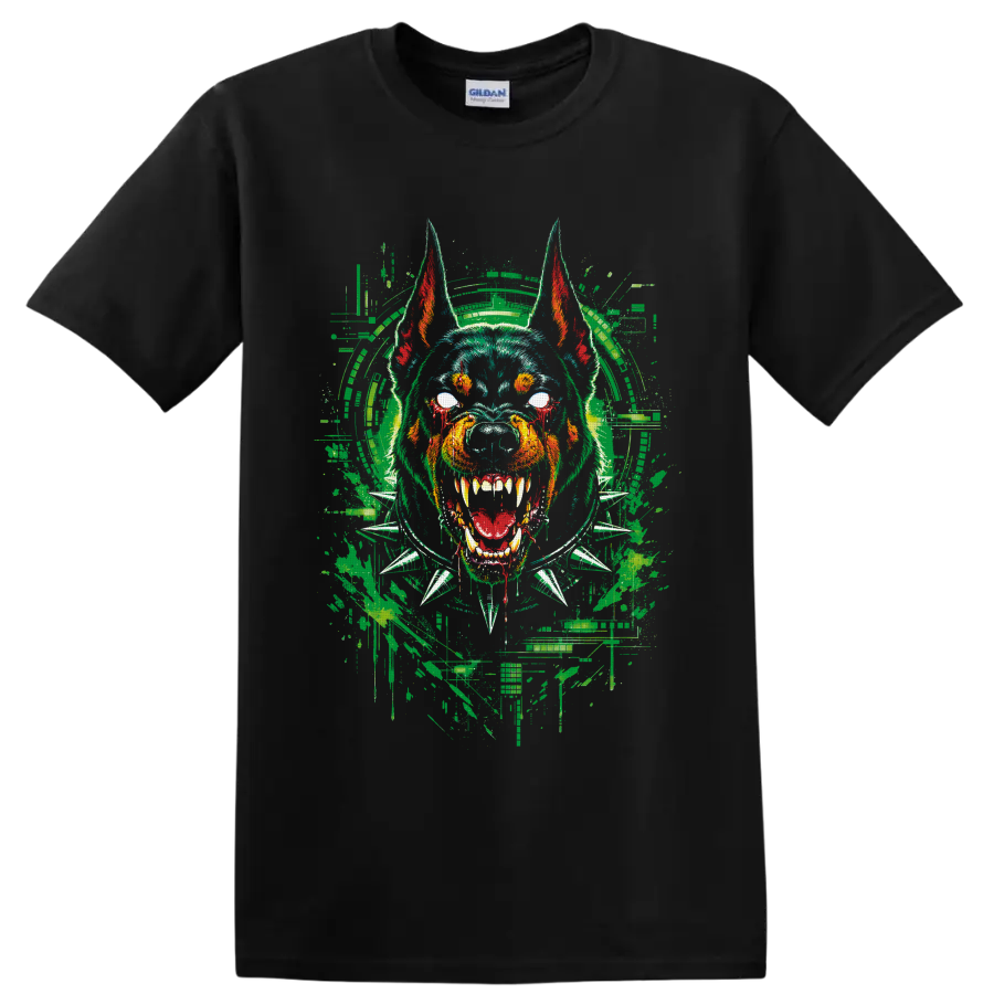 Angry bulldog in headphones and spiked collar with distressed graffiti art on a Black T Shirt