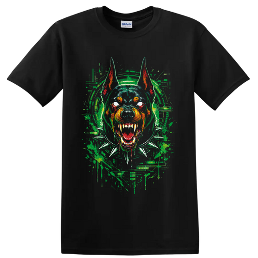 Angry bulldog in headphones and spiked collar with distressed graffiti art on a Black T Shirt