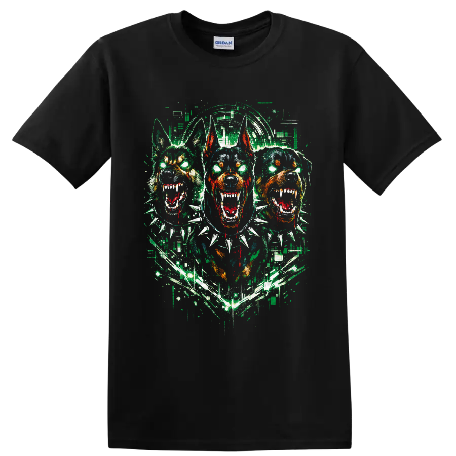 Three snarling Doberman-style dogs in distressed gothic horror street art on a Black T Shirt