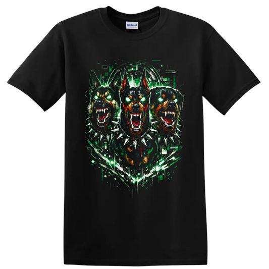 Three snarling Doberman-style dogs in distressed gothic horror street art on a Black T Shirt
