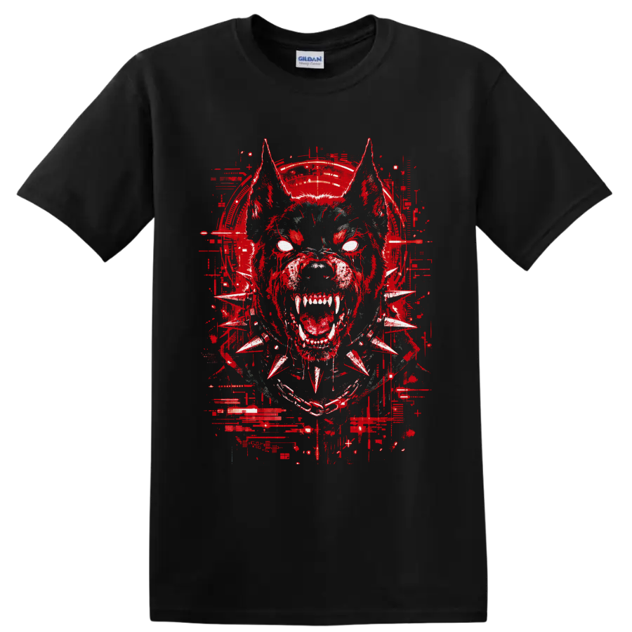 Snarling cyberpunk bulldog with white eyes, fangs, spiked collar, and red glitch art on a Black T Shirt