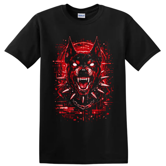 Snarling cyberpunk bulldog with white eyes, fangs, spiked collar, and red glitch art on a Black T Shirt