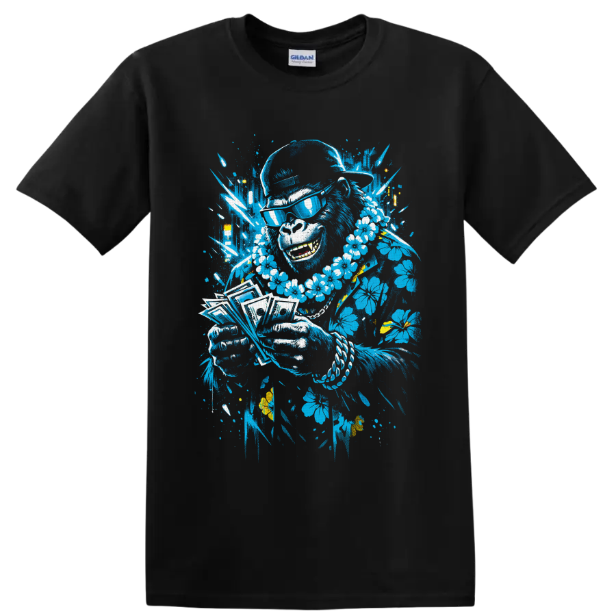 Tropical musician portrait with sunglasses, flower lei, playing cards, and paint splatters on a Black T Shirt