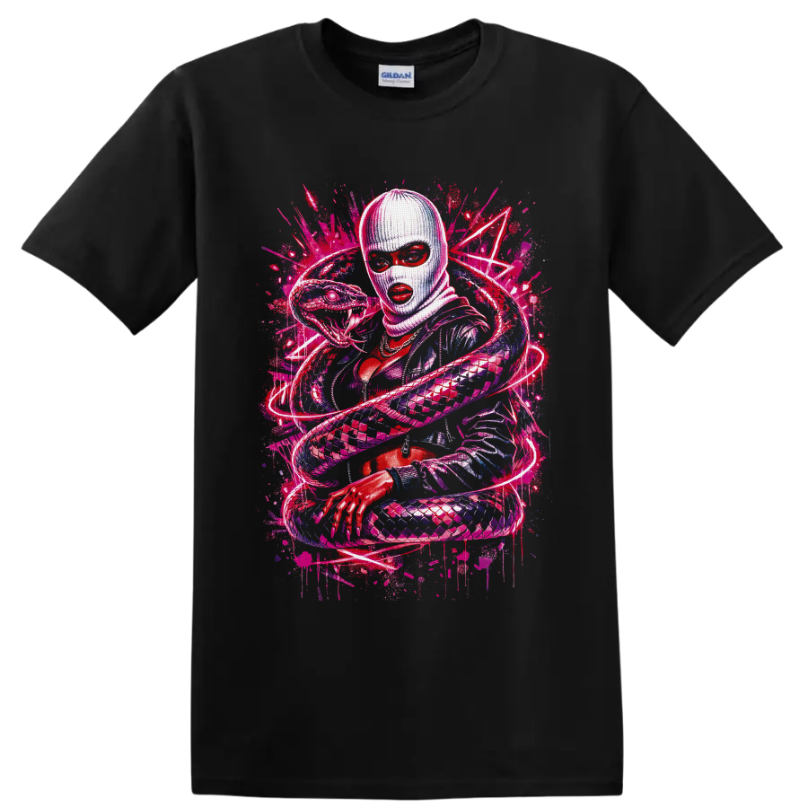 Neon graffiti illustration of a masked woman surrounded by a coiling fanged snake on a Black T Shirt
