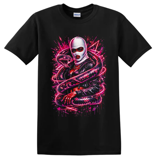 Neon graffiti illustration of a masked woman surrounded by a coiling fanged snake on a Black T Shirt
