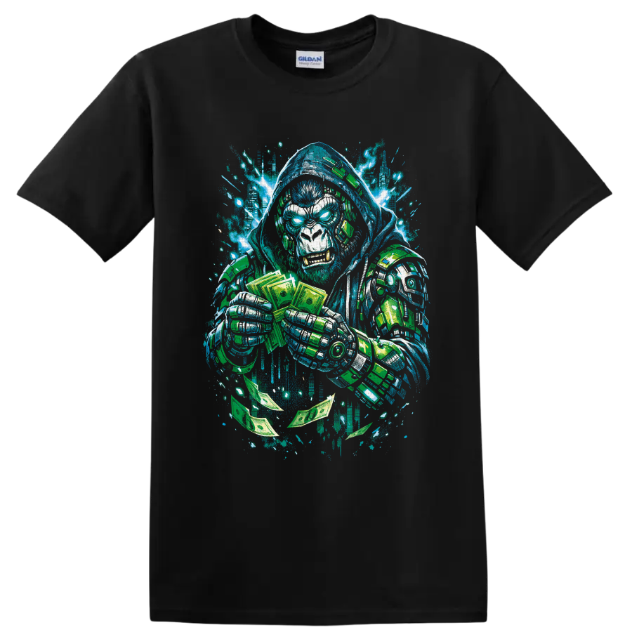 Hooded cyberpunk gorilla with robotic armor, cash, and blaster in graffiti art on a Black T Shirt