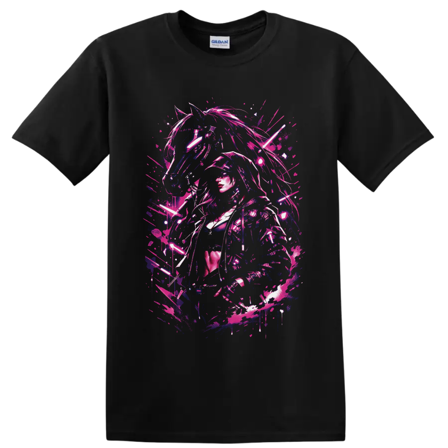 Cyberpunk female warrior and mechanical horse in neon pink and blue glitch art on a Black T Shirt