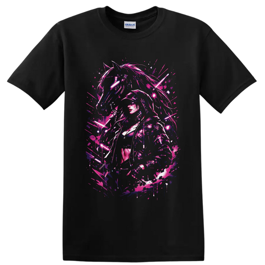 Cyberpunk female warrior and mechanical horse in neon pink and blue glitch art on a Black T Shirt
