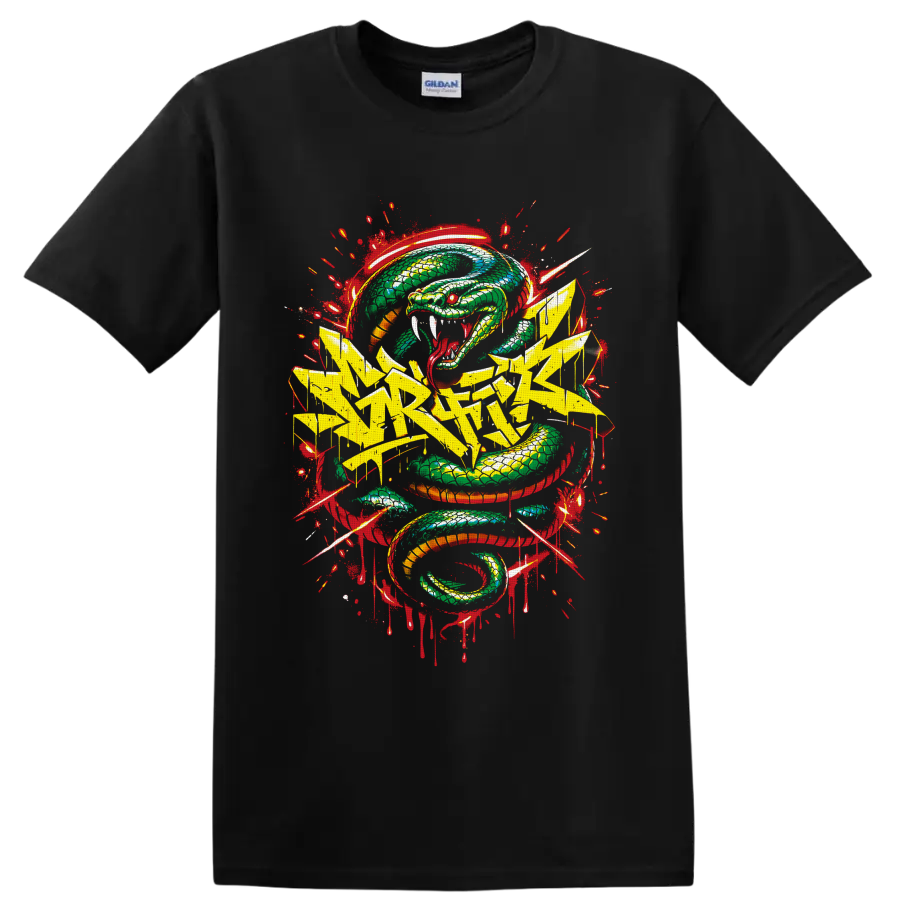 Fierce coiled green serpent with yellow graffiti lettering and red splatter street art on a Black T Shirt
