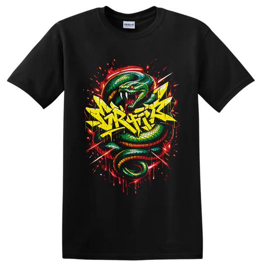 Fierce coiled green serpent with yellow graffiti lettering and red splatter street art on a Black T Shirt