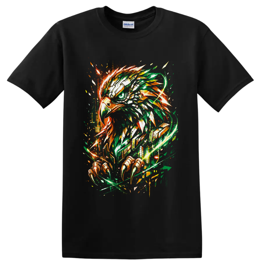 Abstract eagle head with talons in green and orange graffiti-style splatter art on a Black T Shirt