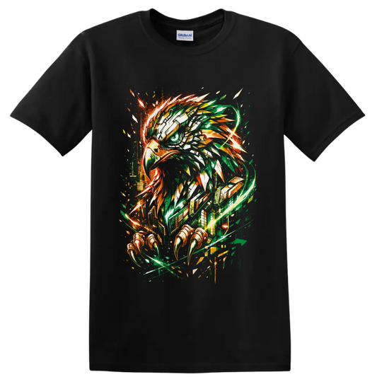 Abstract eagle head with talons in green and orange graffiti-style splatter art on a Black T Shirt