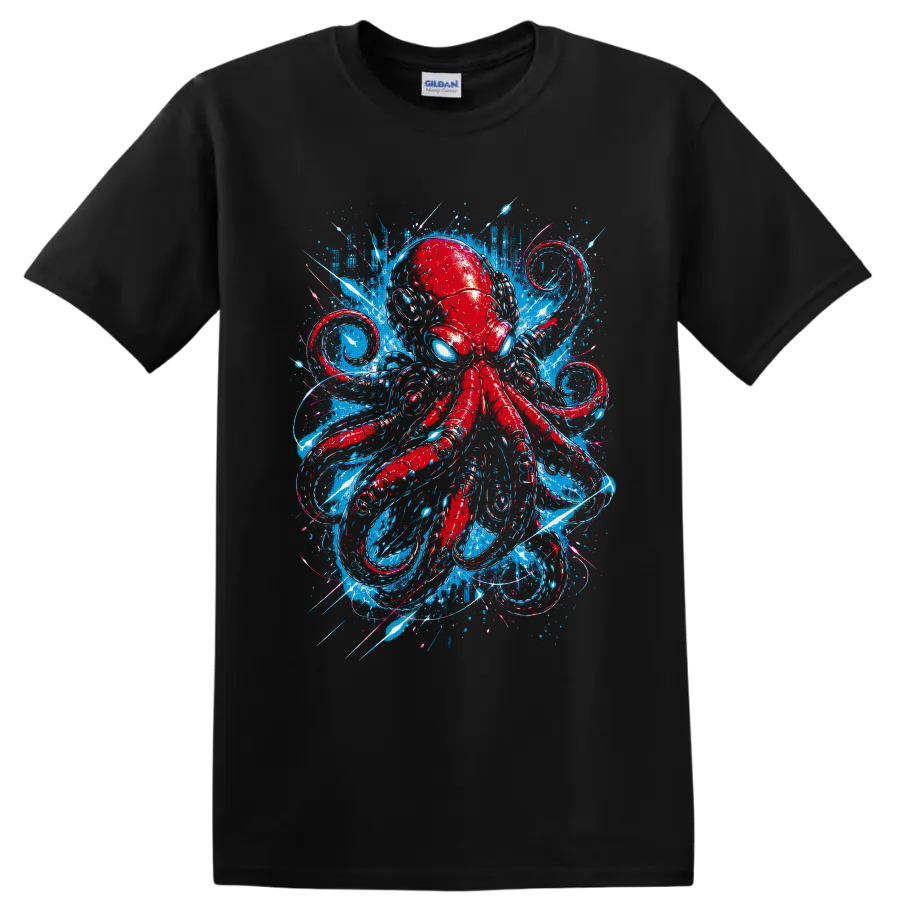 Red octopus with blue eyes in a graffiti-style ocean splash design on a Black T Shirt