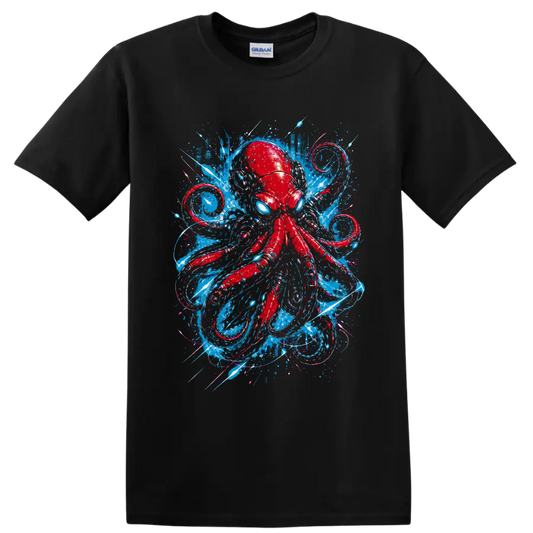 Red octopus with blue eyes in a graffiti-style ocean splash design on a Black T Shirt