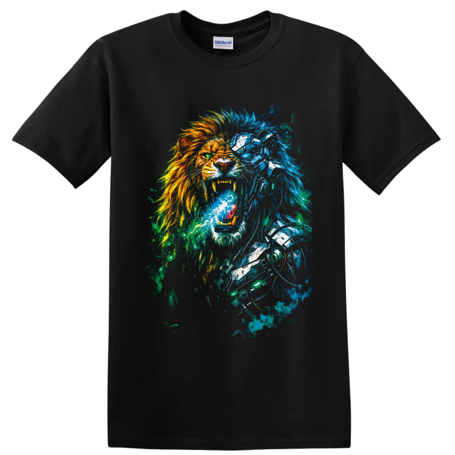 Roaring cyborg lion with fiery mane, blue robotic armor, and cyberpunk paint splatter on a Black T Shirt