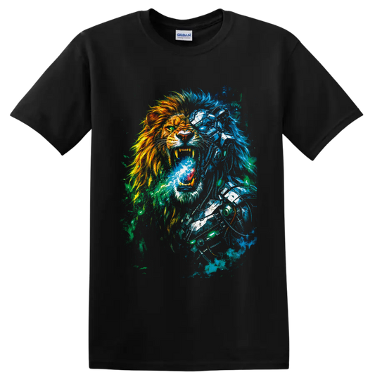 Roaring cyborg lion with fiery mane, blue robotic armor, and cyberpunk paint splatter on a Black T Shirt