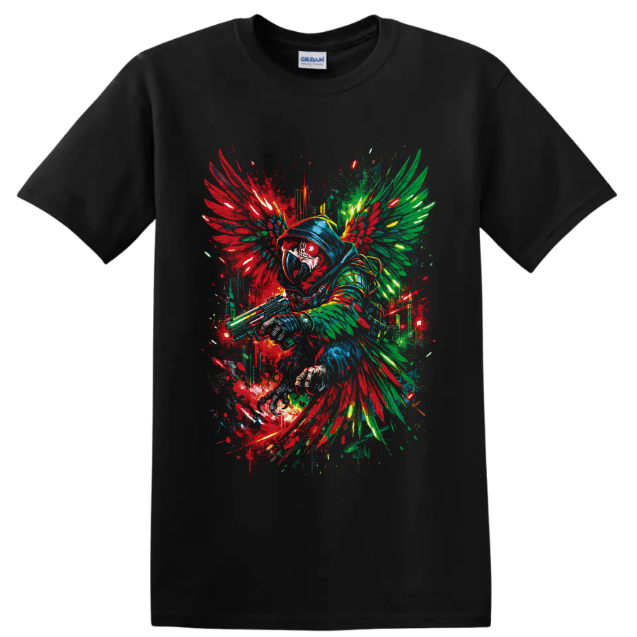 Hooded winged warrior in colorful fantasy graffiti art with paint splatters on a Black T Shirt