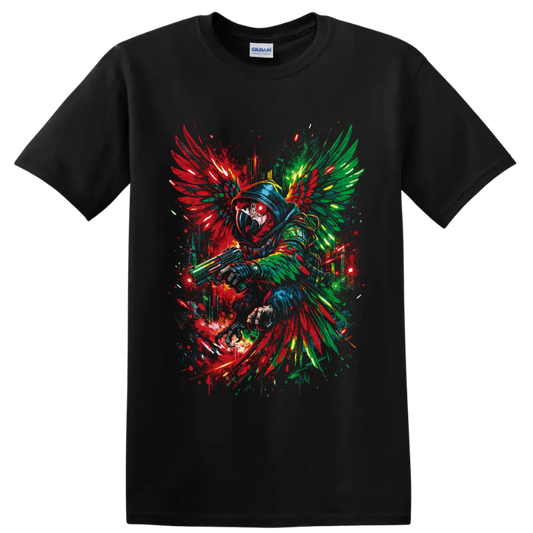 Hooded winged warrior in colorful fantasy graffiti art with paint splatters on a Black T Shirt