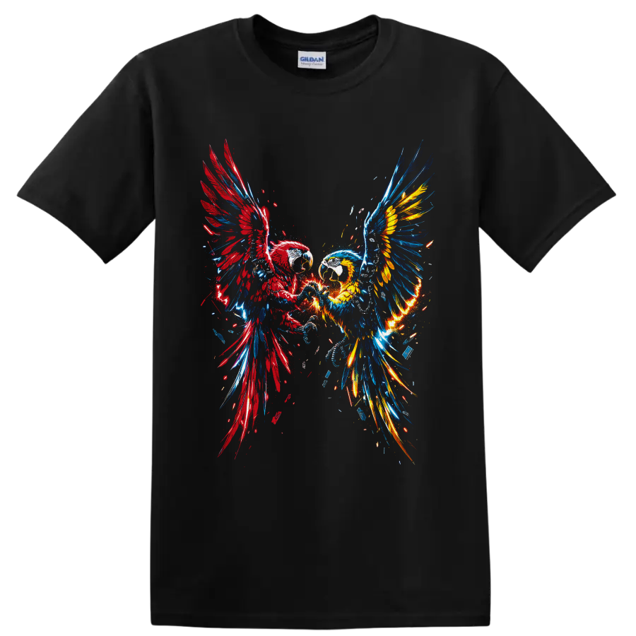 Two bald eagles with red, blue, and gold fire wings in explosive graffiti art on a Black T Shirt
