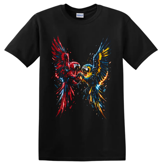 Two bald eagles with red, blue, and gold fire wings in explosive graffiti art on a Black T Shirt