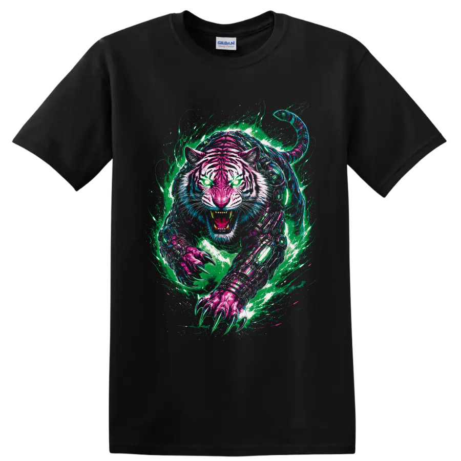 Neon graffiti-style cyberpunk robotic tiger roaring with glowing eyes and extended claws on a Black T Shirt