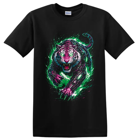 Neon graffiti-style cyberpunk robotic tiger roaring with glowing eyes and extended claws on a Black T Shirt