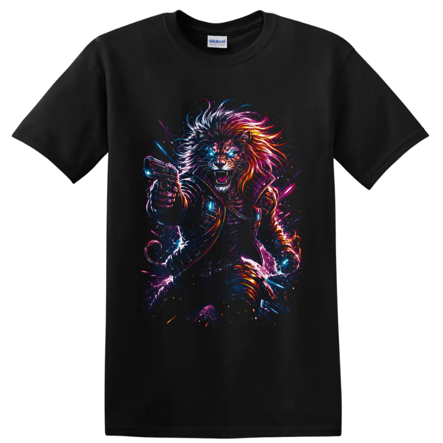 Roaring cyberpunk lion warrior with neon mane, armor, glowing eyes, and sci fi blaster on a Black T Shirt