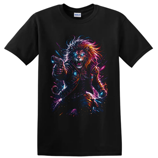 Roaring cyberpunk lion warrior with neon mane, armor, glowing eyes, and sci fi blaster on a Black T Shirt