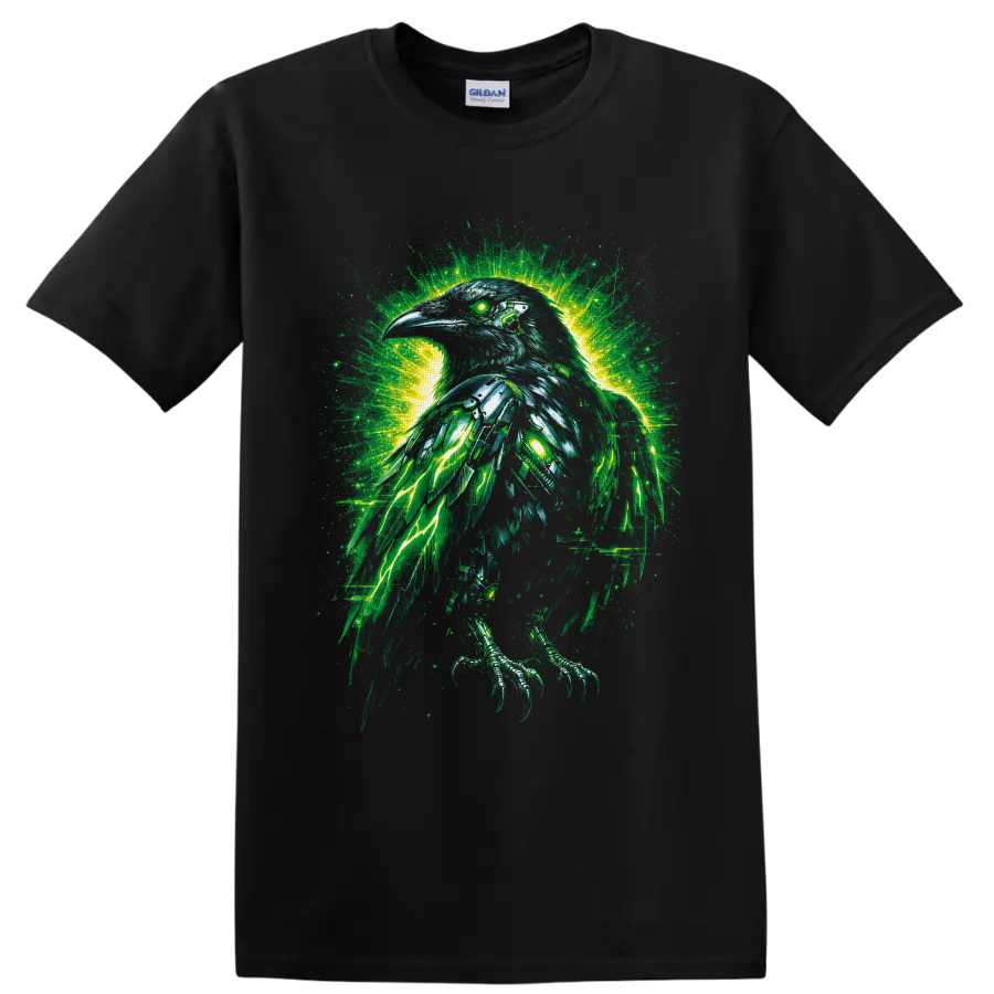 Gothic fantasy raven with glowing green eye, teal feathers, and electric lightning on a Black T Shirt