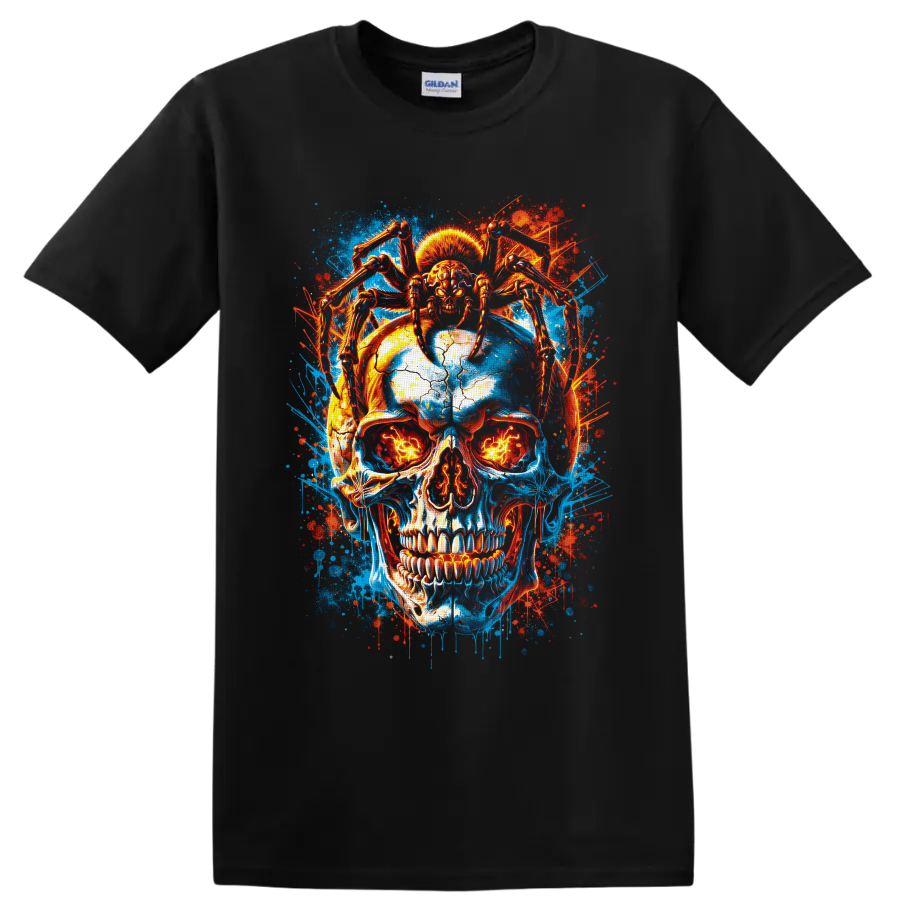Neon blue and fiery red cracked skull with skeletal spider legs and glowing eyes on a Black T Shirt