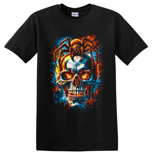 Neon blue and fiery red cracked skull with skeletal spider legs and glowing eyes on a Black T Shirt