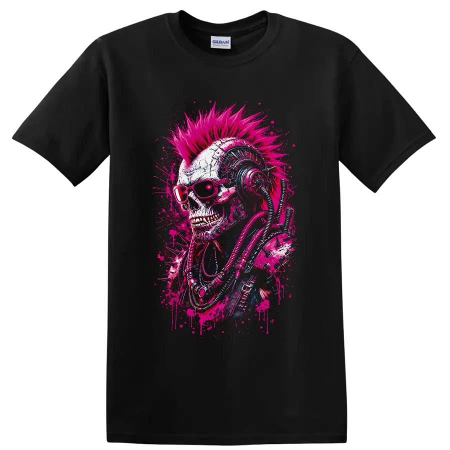 Cyberpunk skull with neon mohawk, sunglasses, futuristic headphones, and cables on a Black T Shirt
