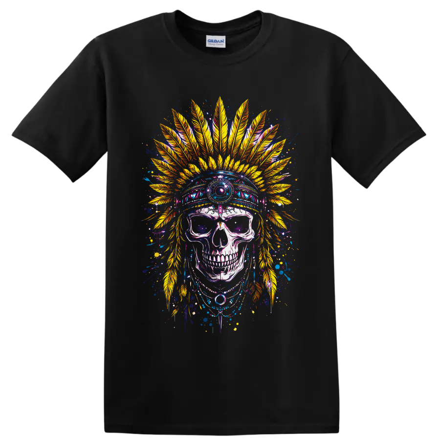 Colorful gothic skull illustration with ornate golden feather headdress and paint on a Black T Shirt