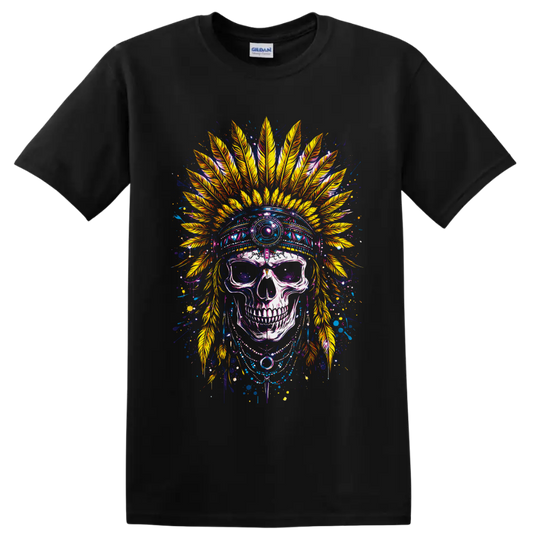 Colorful gothic skull illustration with ornate golden feather headdress and paint on a Black T Shirt