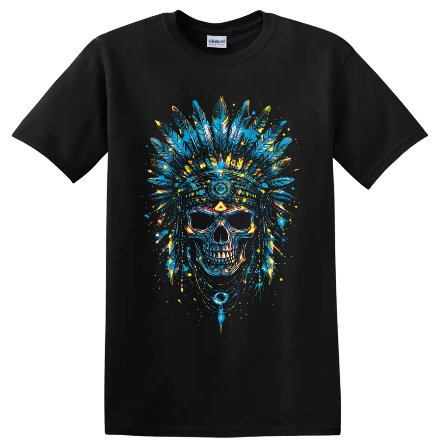 Colorful skull with feather headdress in vivid graffiti splatter art on a Black T Shirt