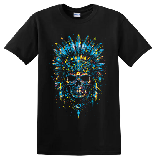 Colorful skull with feather headdress in vivid graffiti splatter art on a Black T Shirt