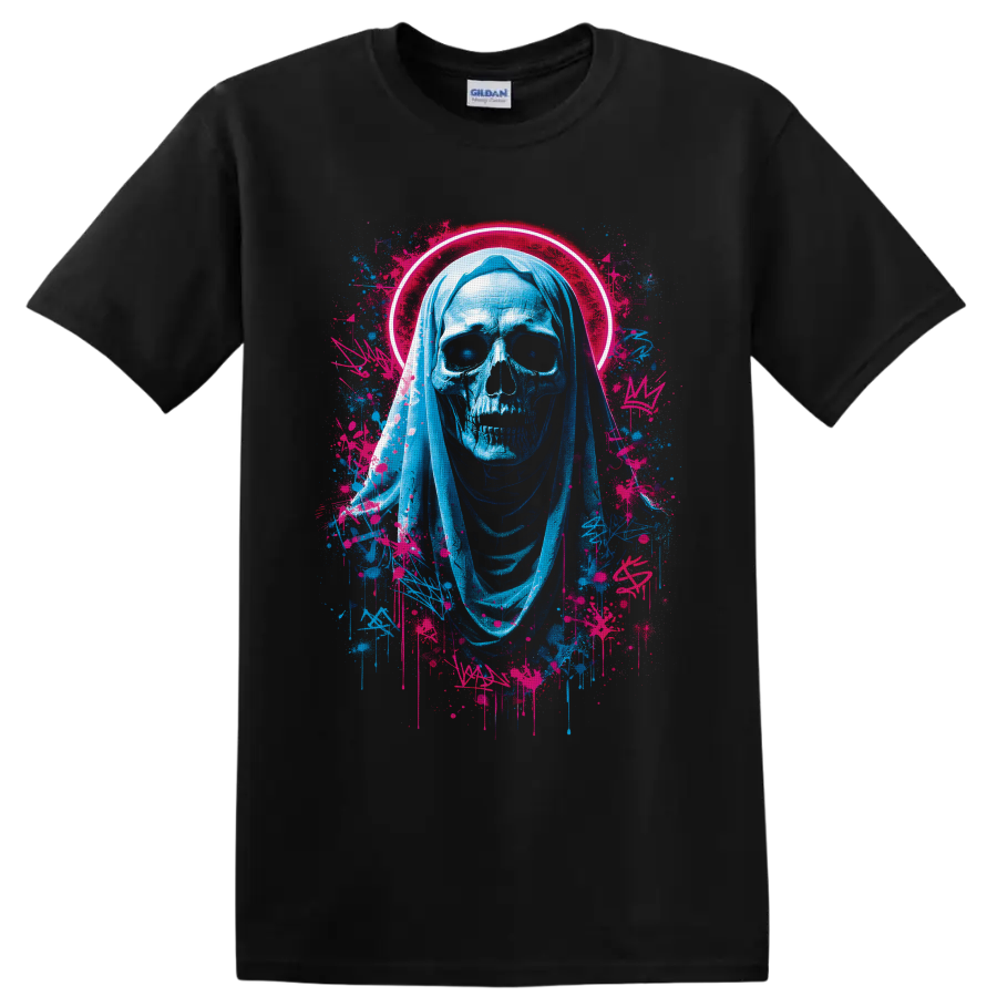 Neon blue hooded Grim Reaper skull with hot-pink halo and graffiti paint splatters on a Black T Shirt