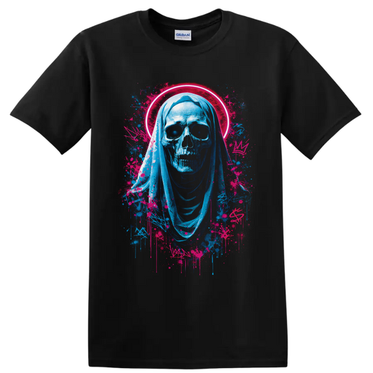 Neon blue hooded Grim Reaper skull with hot-pink halo and graffiti paint splatters on a Black T Shirt
