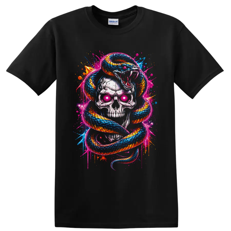 Neon graffiti-style skull with glowing pink eyes wrapped in a blue and orange snake on a Black T Shirt