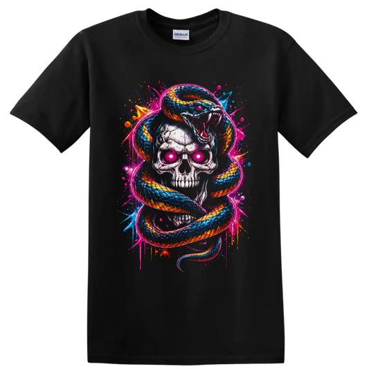 Neon graffiti-style skull with glowing pink eyes wrapped in a blue and orange snake on a Black T Shirt