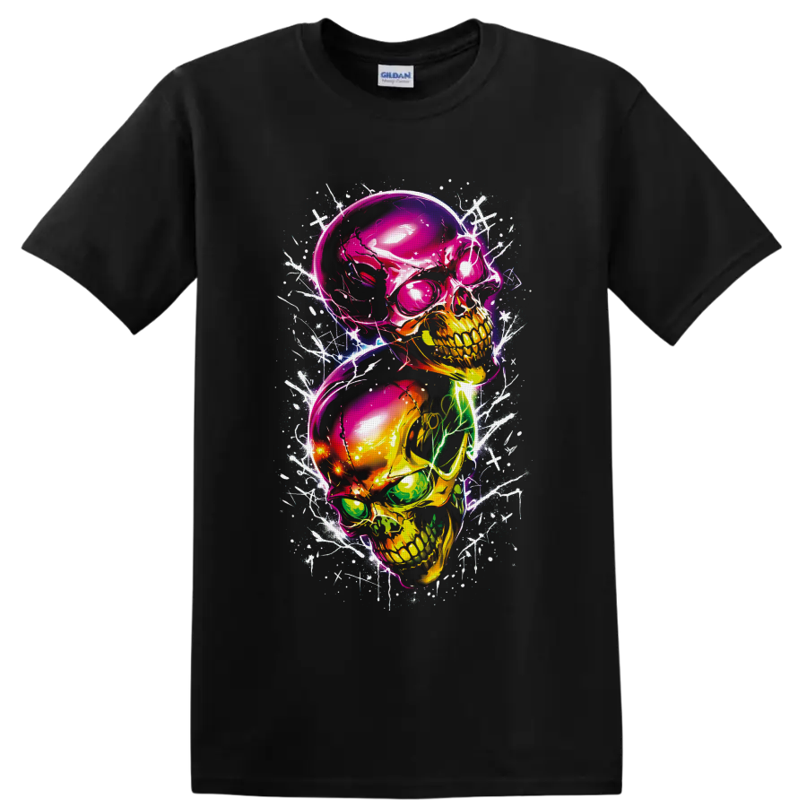 Two stacked neon skulls in glossy gothic graffiti art with white scratch and splatter on a Black T Shirt