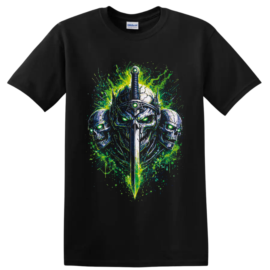 Cyberpunk armored skull warrior with sword, glowing green eyes, and paint splatters on a Black T Shirt