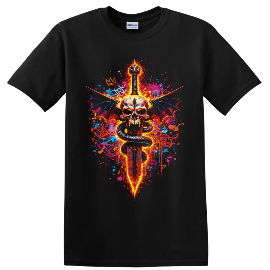 Fiery gothic skull with sword, coiled serpent, bat wings, and graffiti splatters on a Black T Shirt