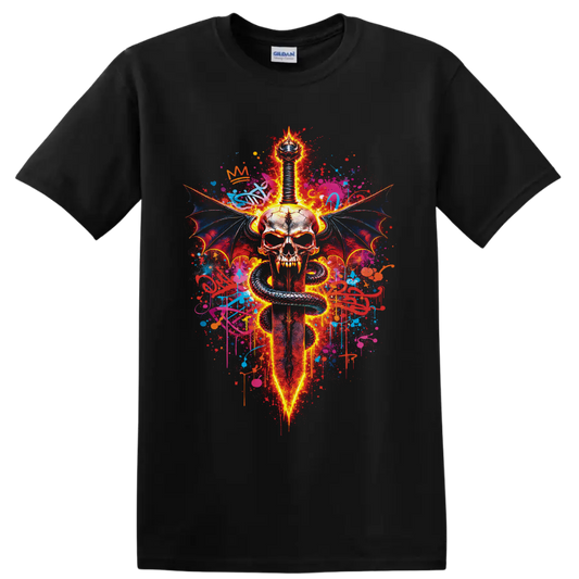 Fiery gothic skull with sword, coiled serpent, bat wings, and graffiti splatters on a Black T Shirt